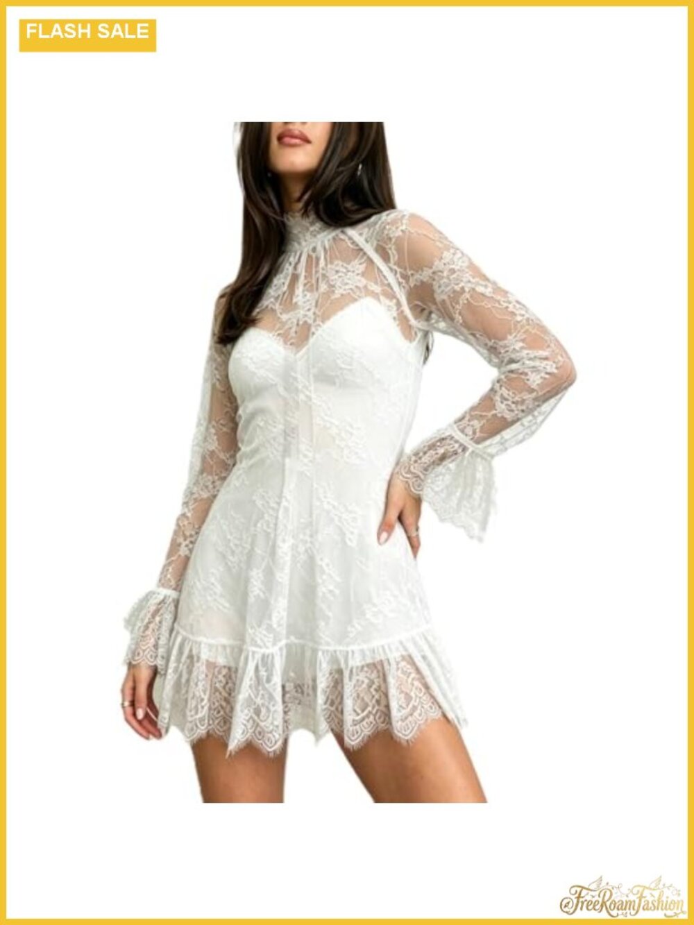 Lace Mini Dress Sheer Mesh Long Sleeve Ruffle Layered Beach Cover Up